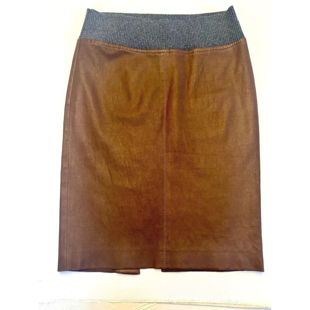 Brunello Cucinelli Leather Pencil Skirt Cashmere Silk Waist Italy US 4